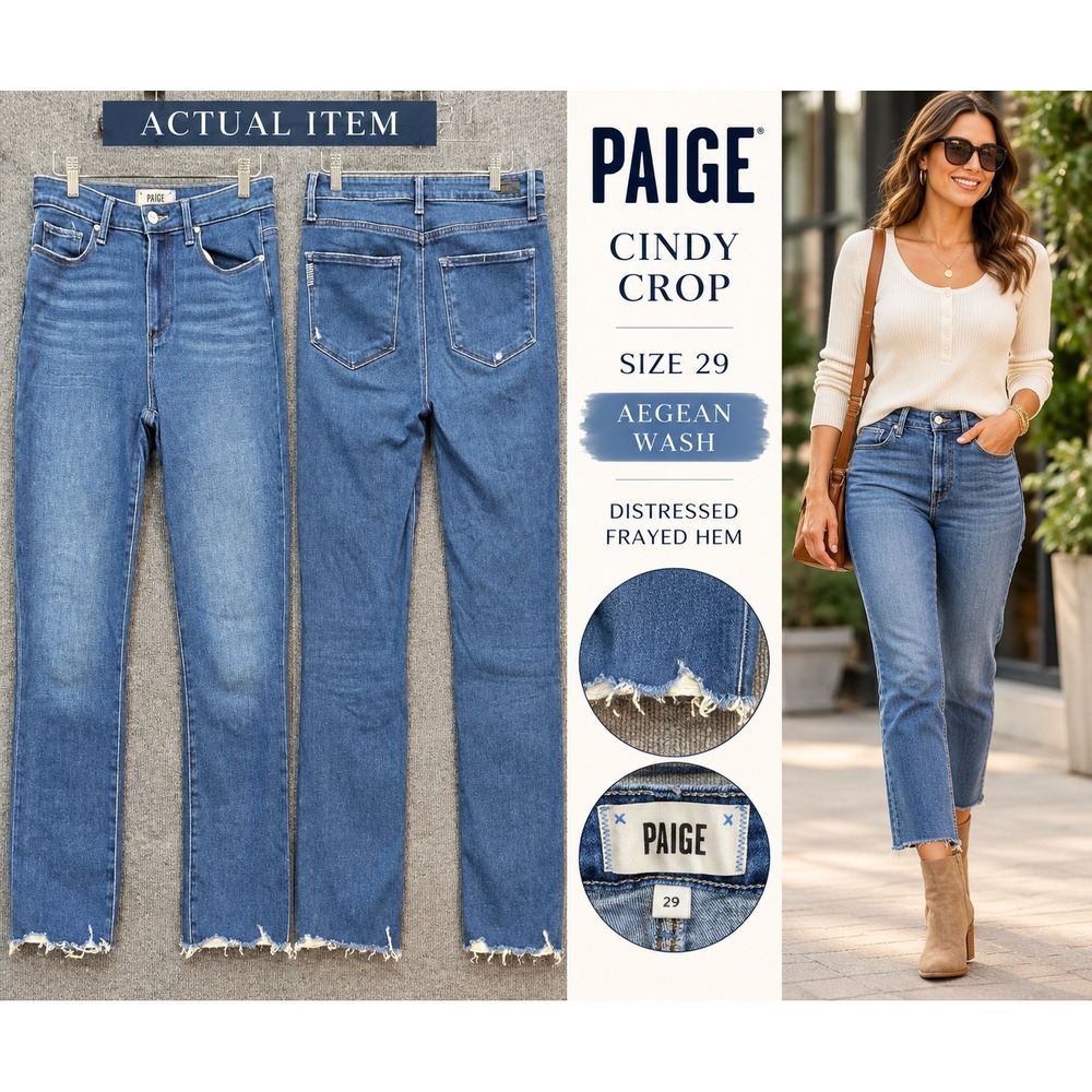 Paige Cindy Crop Women High Rise Straight Aegean Blue 29 Excellent Distressed